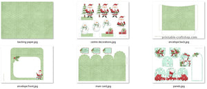 Printables contained in the festive pop-up box card kit with Santa, a snowman, and presents