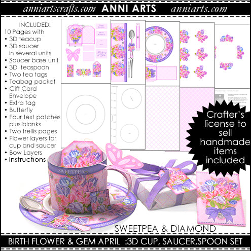 3D Teacup, Saucer and Spoon - April Birth Flower Printables