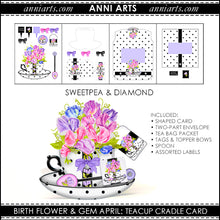 Load image into Gallery viewer, Cradle Teacup Card, Envelope & Tea Bag Packet - April Birth Flower Printables