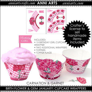 Cupcake Wrappers & Toppers  - January Birth Flower & Gem Printables