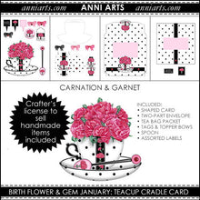 Load image into Gallery viewer, Cradle Teacup Card, Envelope & Tea Bag Packet  - January Birth Flower & Gem Printables