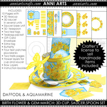 Load image into Gallery viewer, 3D Teacup, Saucer and Spoon - March Birth Flower & Gem Printables