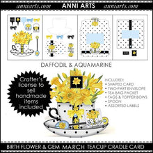Load image into Gallery viewer, Cradle Teacup Card, Envelope & Tea Bag Packet - March Birth Flower & Gem Printables