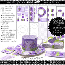 Load image into Gallery viewer, 3D Teacup, Saucer and Spoon - February Birth Flower & Gem Printables