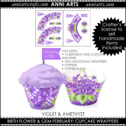 Cupcake Wrappers & Toppers  - February Birth Flower & Gem Printables