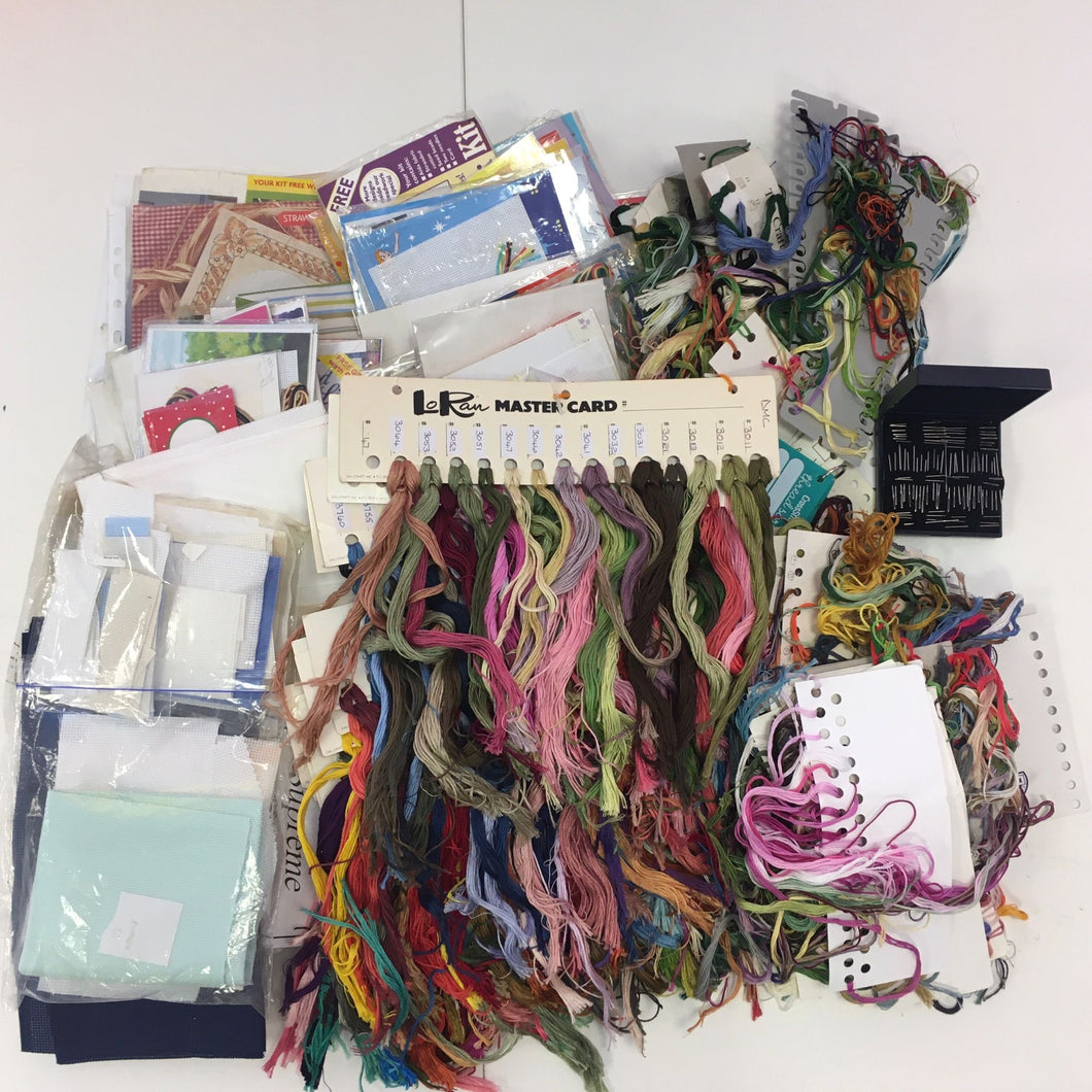 Bag 30 - 2.5kg Cross stitch bundle. Bulk threads, needlework needles and fabrics and free cross stitch kits. 2.512kg