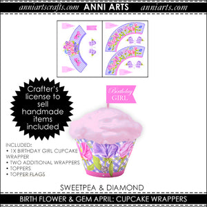 Cupcake Wrappers & Toppers  - April Birth Flower Printables