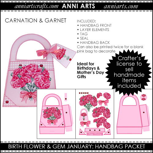 Handbag Gift Packet  - January Birth Flower & Gem Printables