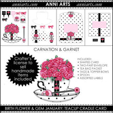 Load image into Gallery viewer, Cradle Teacup Card, Envelope &amp; Tea Bag Packet  - January Birth Flower &amp; Gem Printables