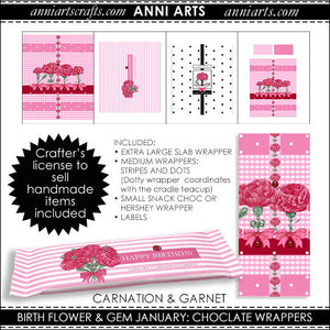 Chocolate Bar Wrapper Set of 4  - January Birth Flower & Gem Printables