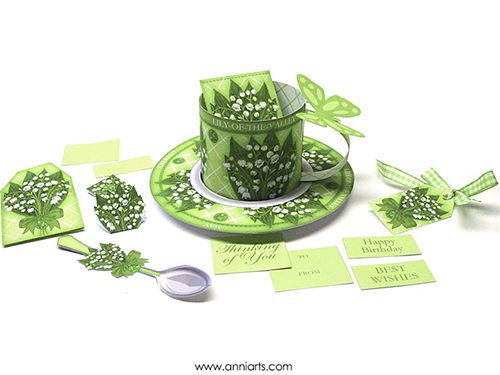 3D Teacup, Saucer and Spoon - May Birth Flower & Gem Printables