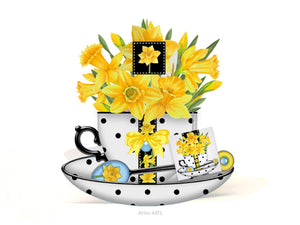 Cradle Teacup Card, Envelope & Tea Bag Packet - March Birth Flower & Gem Printables