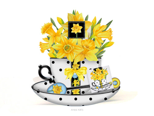 Cradle Teacup Card, Envelope & Tea Bag Packet - March Birth Flower & Gem Printables