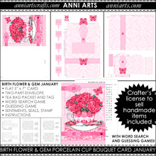 Load image into Gallery viewer, printable quick cards with carnation and garnet for January birth flowers or all occasion