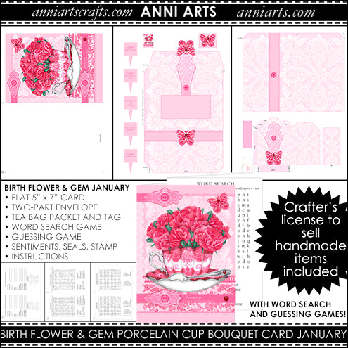 printable quick cards with carnation and garnet for January birth flowers or all occasion