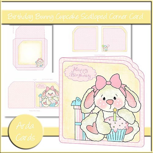Birthday Bunny Cupcake Scalloped Corner Card - The Printable Craft Shop