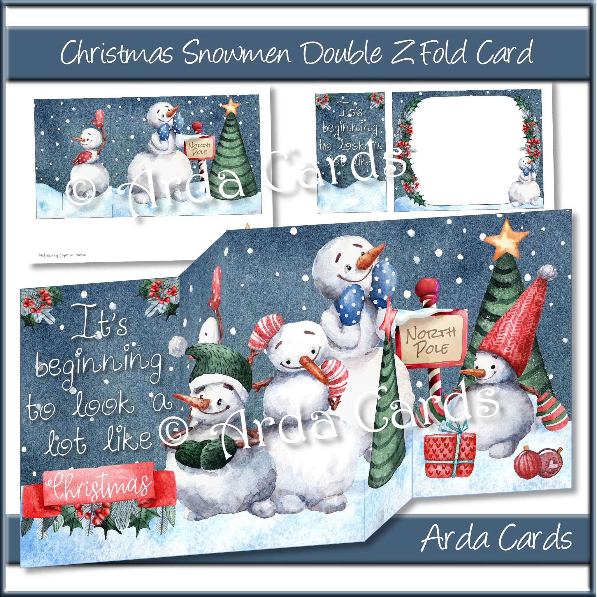 Christmas Snowmen Double Z Fold Card Printable