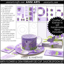 Load image into Gallery viewer, 3D Teacup, Saucer and Spoon - February Birth Flower &amp; Gem Printables