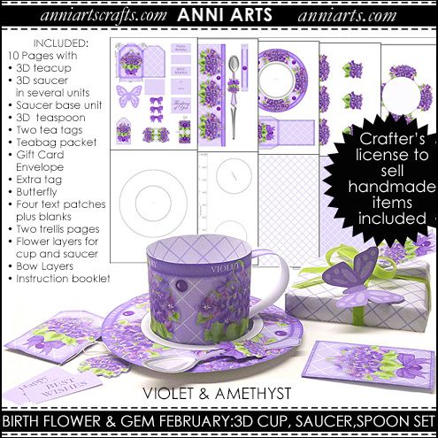 3D Teacup, Saucer and Spoon - February Birth Flower & Gem Printables