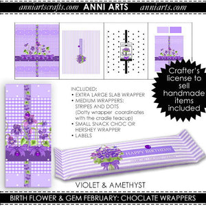 Chocolate Bar Wrapper Set of 4  - February Birth Flower & Gem Printables