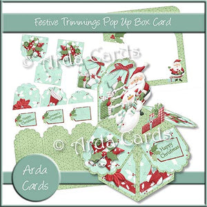A festive printable pop-up box card kit download with Santa, a snowman, and presents