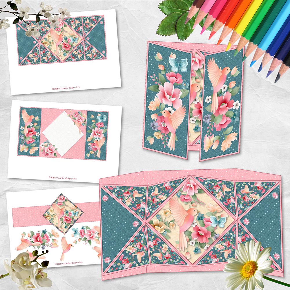 Floral Scent On Wings Diagonal Fold Pop Out Card