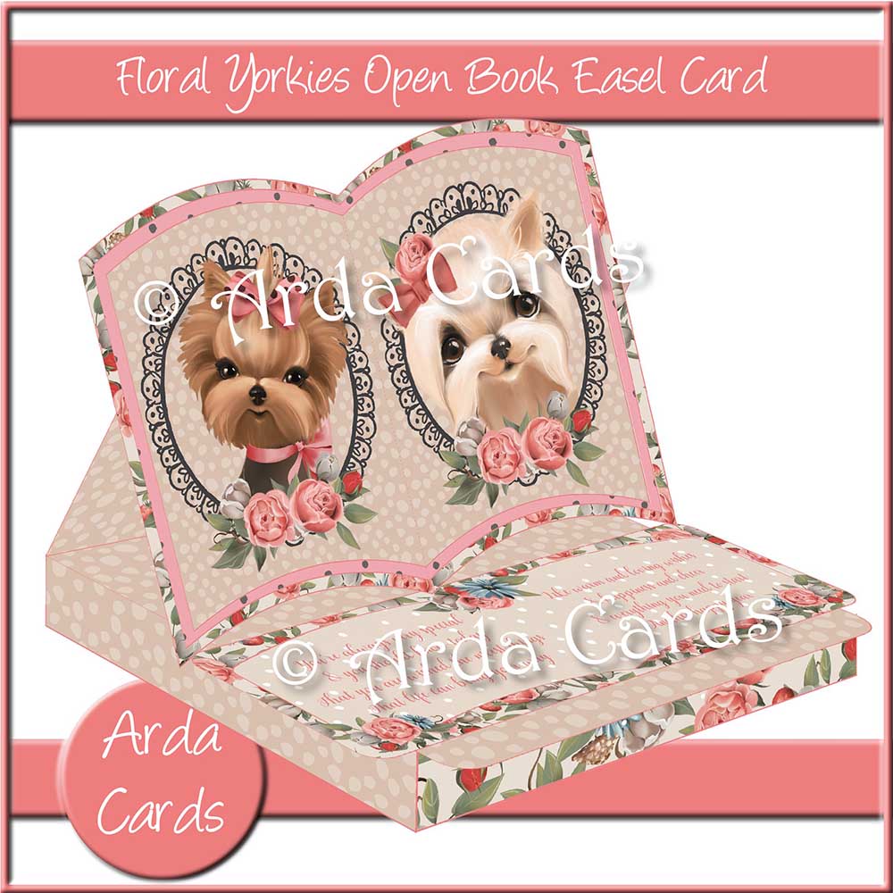 Floral Yorkies Open Book Easel Card with Drawer