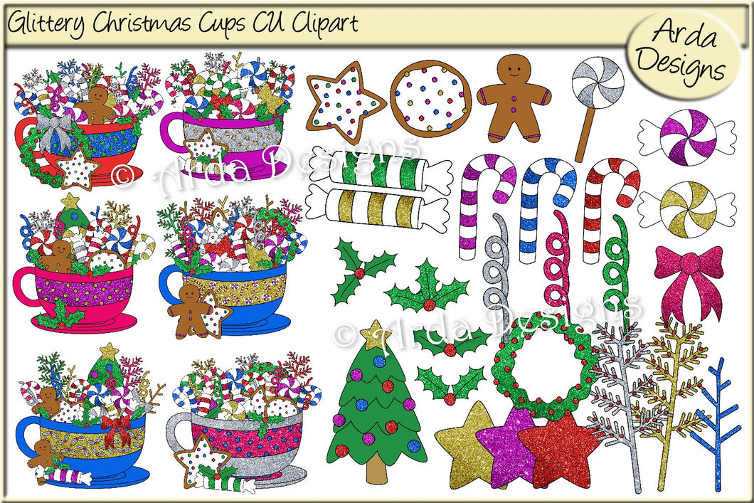 Glittered Christmas Cups CU Clipart