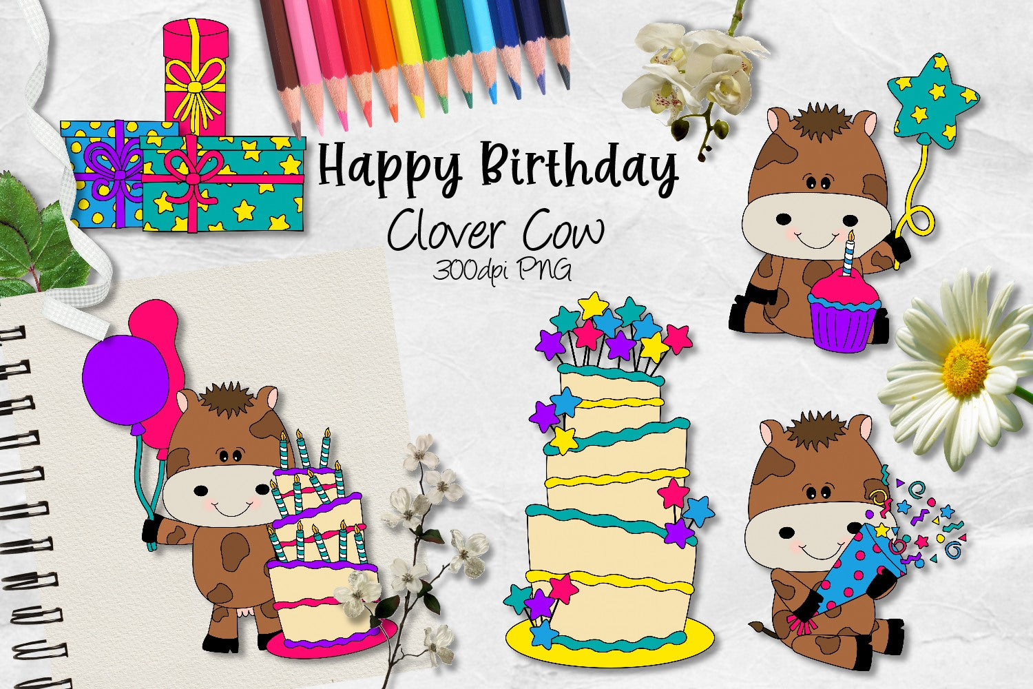 Happy Birthday Clover Cow CU Clipart