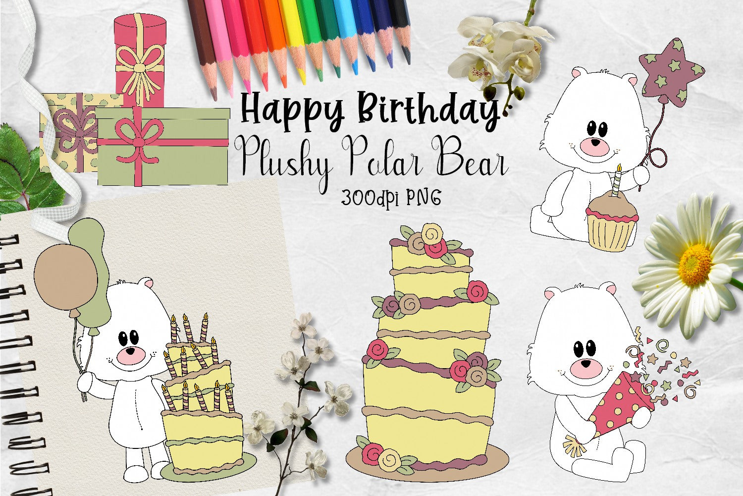 Happy Birthday Plushy Polar Bear CU Clipart