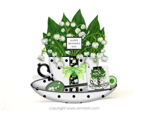 Cradle Teacup Card, Envelope & Tea Bag Packet - May Birth Flower & Gem Printables