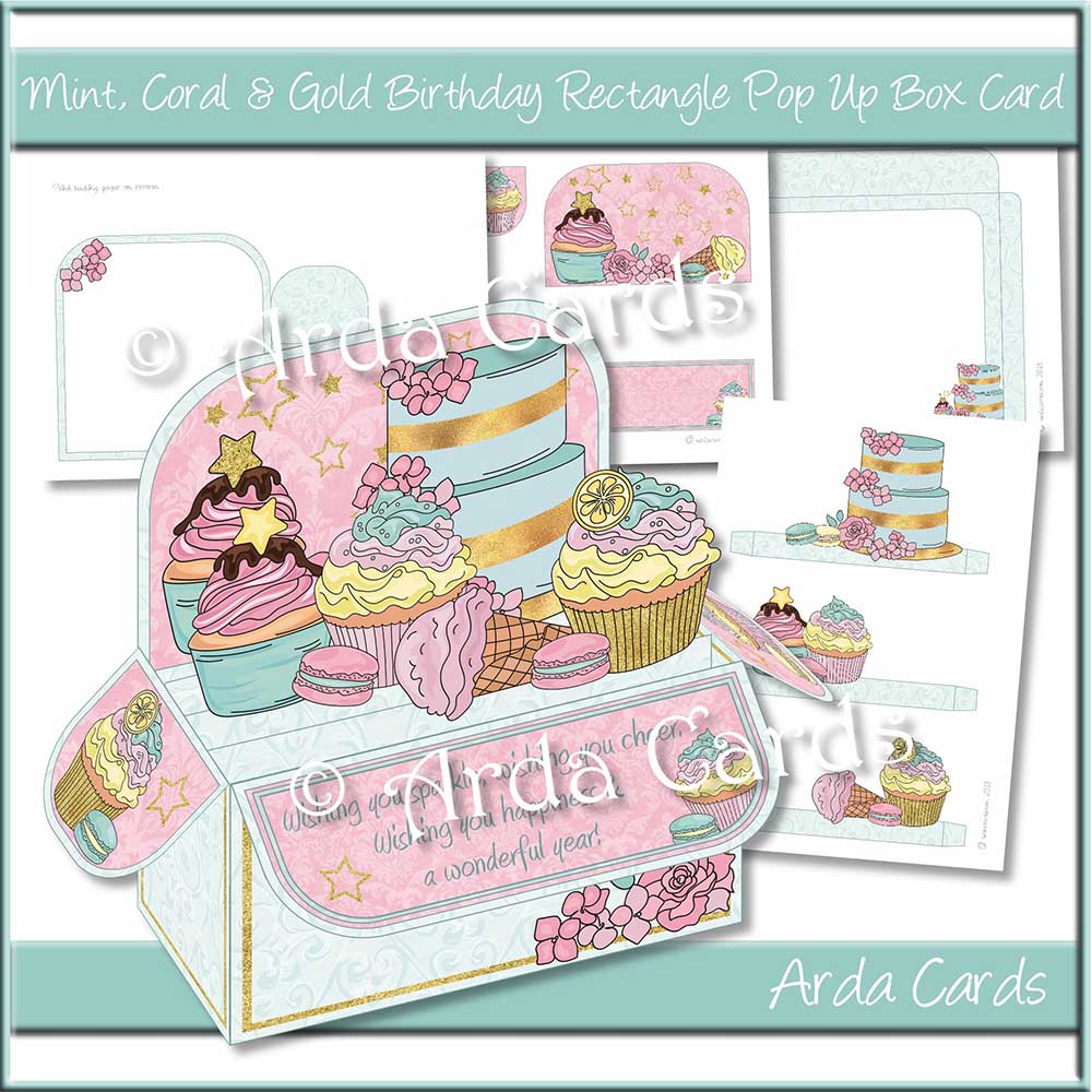 Mint, Coral & Gold Birthday Rectangle Pop Up Box Card