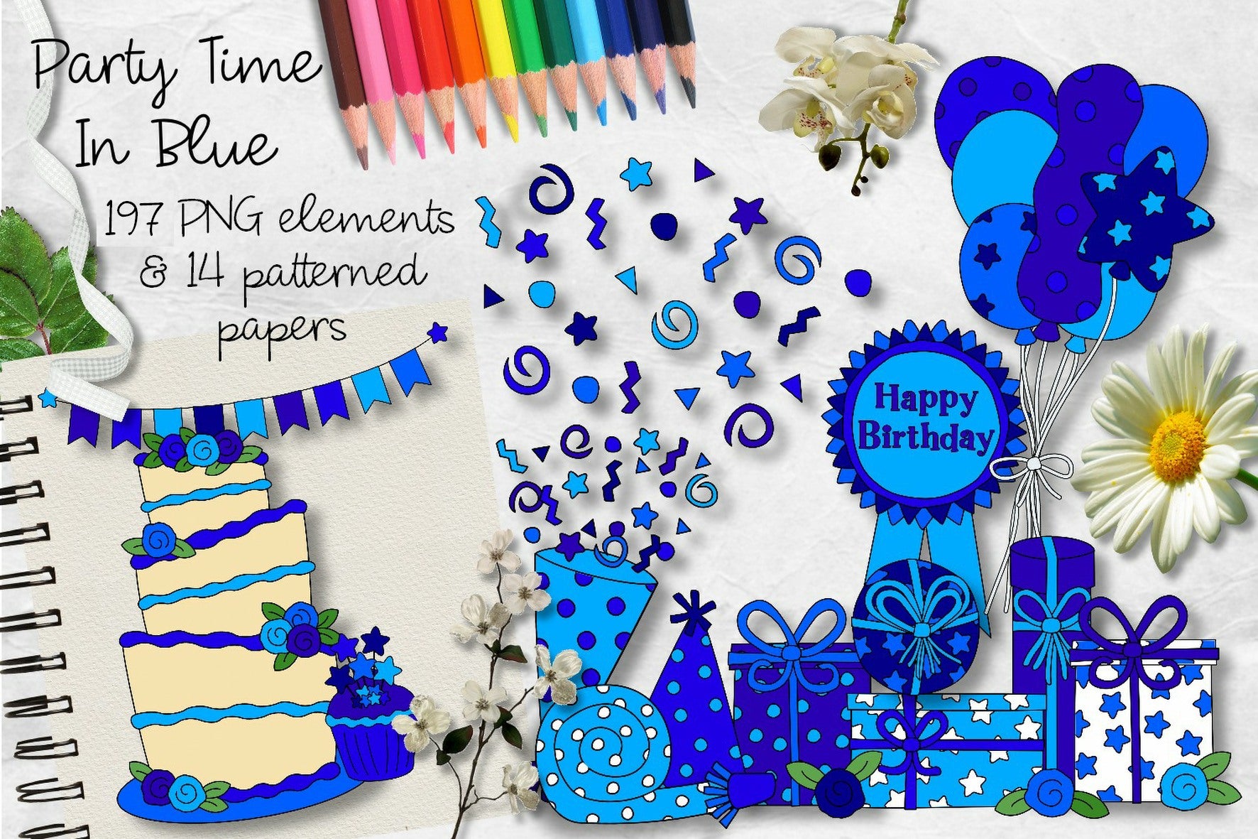 Party Time In Blue CU Clipart & Paper