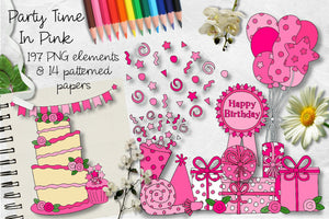 Party Time In Pink CU Clipart & Paper