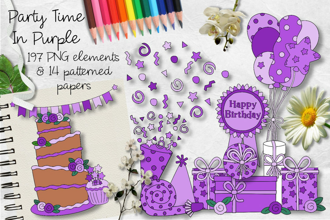 Party Time In Purple CU Clipart & Paper