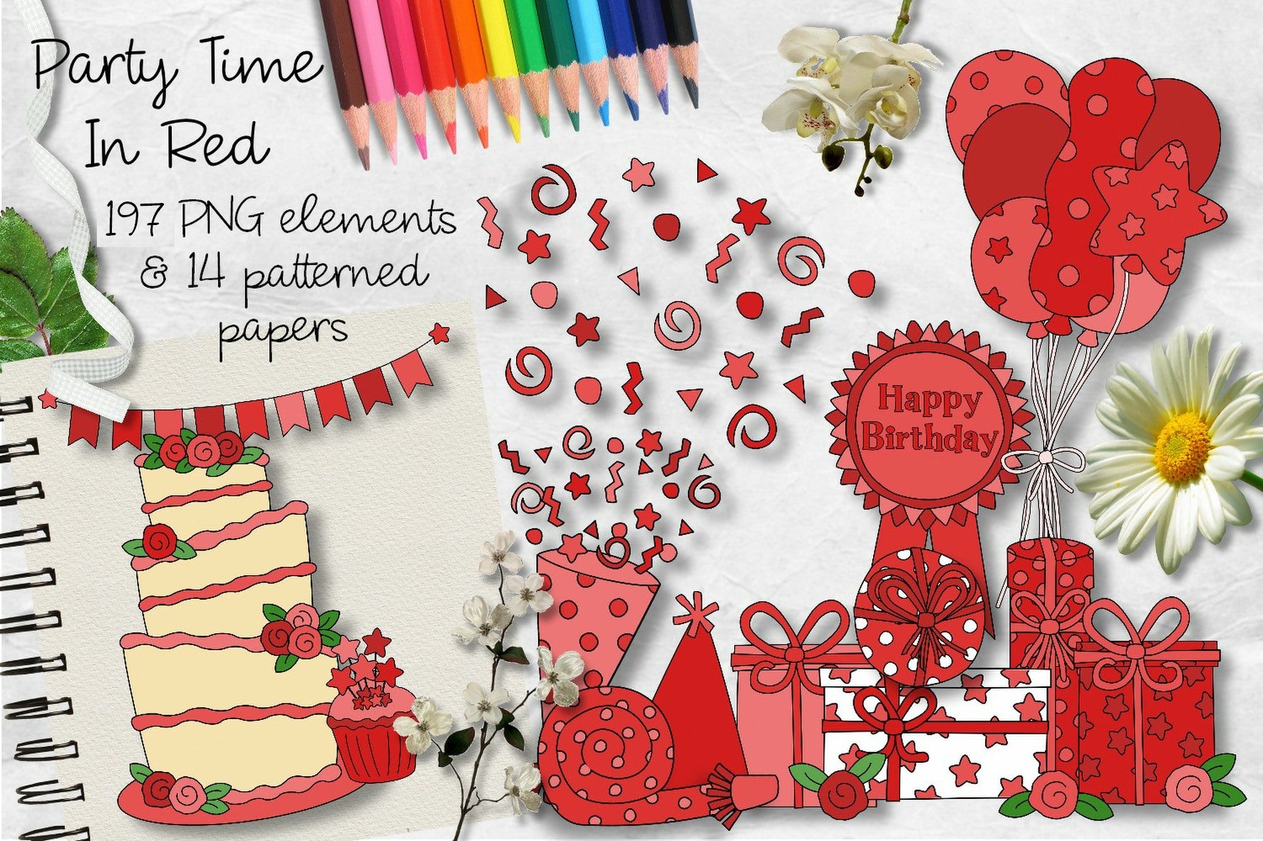 Party Time In Red CU Clipart & Paper
