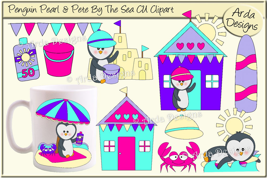 Penguin Pearl & Pete By The Sea CU Clipart