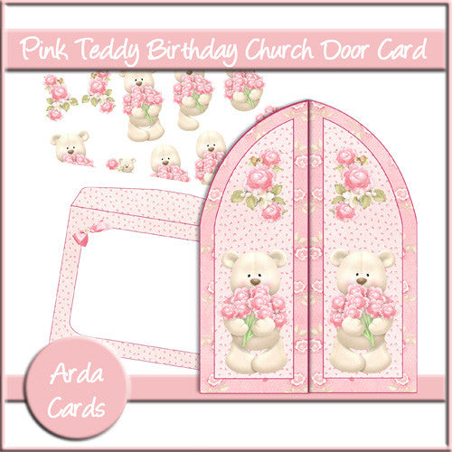 Pink Teddy Birthday Church Door Card - The Printable Craft Shop
