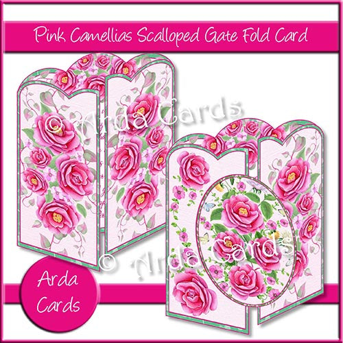 Pink Camellias Scalloped Gatefold Card Making Kit - The Printable Craft Shop