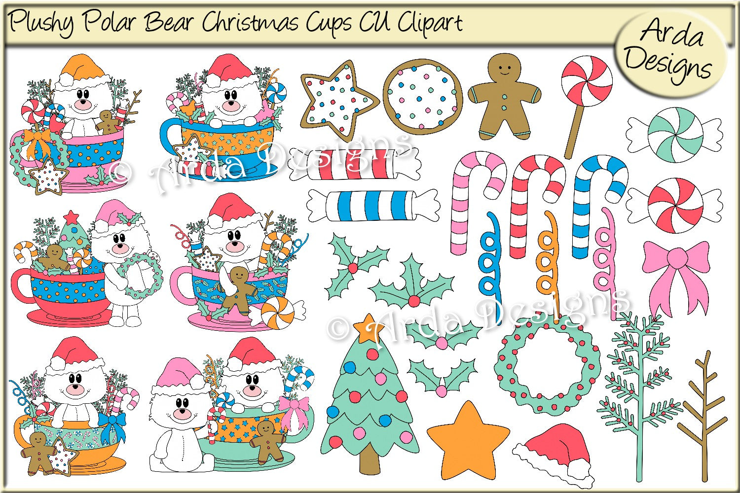 Plushy Polar Bear Christmas Cups CU Clipart