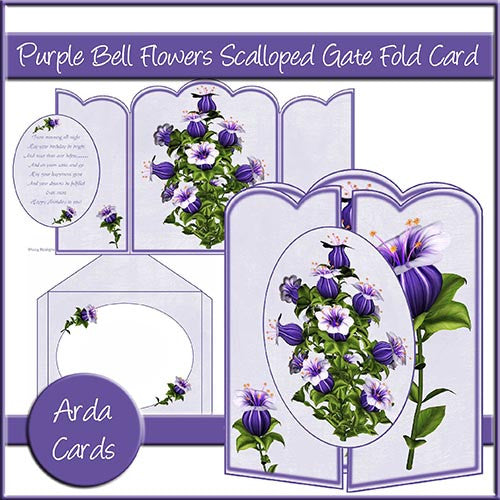 Purple Bell Flowers Scalloped Gate Fold Card - The Printable Craft Shop