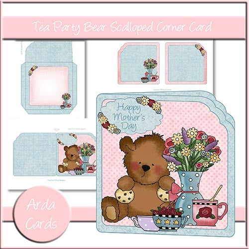 Tea Party Bear Scalloped Corner Card - The Printable Craft Shop